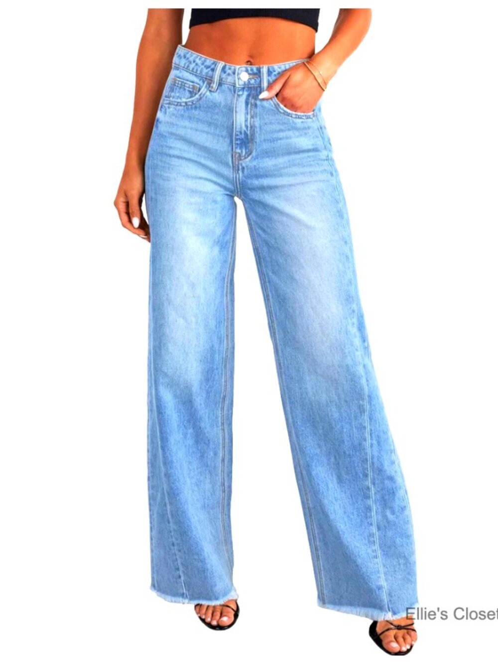 High Waisted Wide Leg Jeans Stretchy Baggy Raw Hem Denim Palazzo Pants
